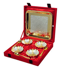 HHI German Silver Brass Floral Four Bowl with Four Spoon and with one/Single Tray with Beautiful Velvet Box Packing for Dry Fruit, Chocolate, Sweet, HomeDecor