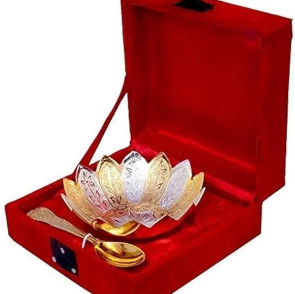 Vintage Studio Copper Metal Floral Dessert Bowl with Spoon and Royal Velvet Box for Gift Home Decor Awesome Gifts Box 2 Pieces (Kamal Bowl)