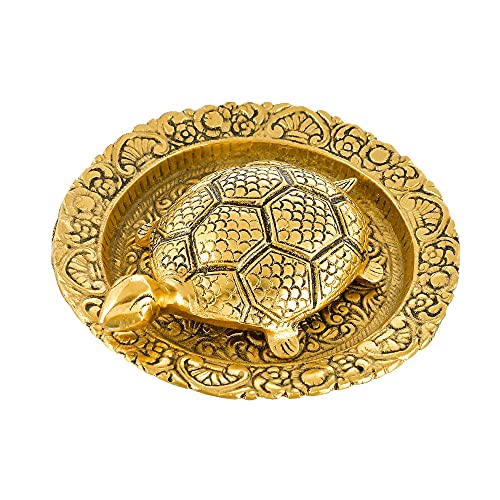 Metal Kachua/Tortoise/Turtle on Gold Metal Plate with Golden Border Vastu Yantra Feng Shui | Decorative Good Luck Showpiece (DH_GA-HCF-303)