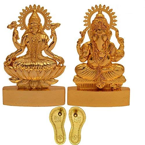 indo Shree Ganesh and Laxmi with Charan Paduka Made of Metal Gold Plated Decorative Laxmi Ganesha Set Hindu Idols Ganesh Lakshmi Statue Home Office Car Dashboard Decor Pujan Puja