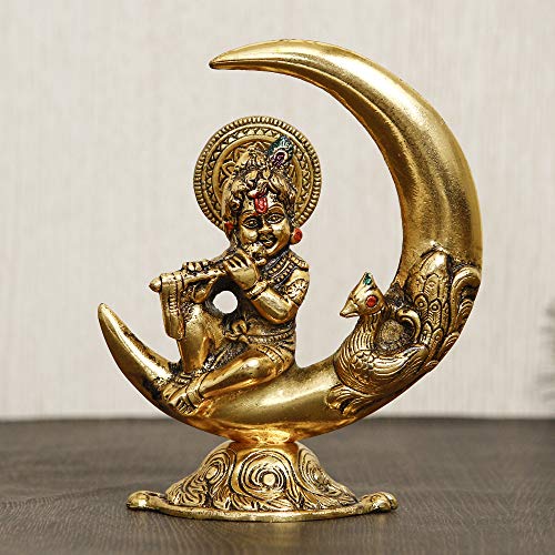 eCraftIndia Golden Metal Handcrafted Lord Krishna Idol Playing Flute and Sitting On Half Moon Decorative Showpiece for Home Decor - Ideal Gift for Krishna Janmashtami, Housewarming, Wedding