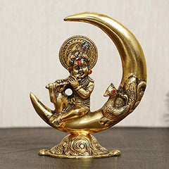 eCraftIndia Golden Metal Handcrafted Lord Krishna Idol Playing Flute and Sitting On Half Moon Decorative Showpiece for Home Decor - Ideal Gift for Krishna Janmashtami, Housewarming, Wedding