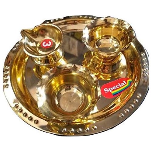 Hand Made Hindu Brass Pooja thali Set 4 Piece (7 inch)