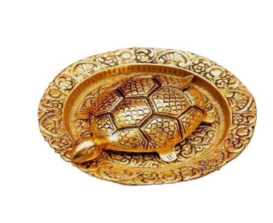 Panipat Bartan Bhandar Heavy Grade Aluminium Golden Plated Feng Shui Tortoise / Kachua Plate Showpiece, Gold- Silver, Set of 1