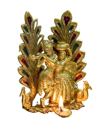 A & S VENTURES Radha Krishna Idol Statue with Diya Peacock Design Decorative Showpiece - 20 cm (Metal, Gold) (Radha Krishna Gold)