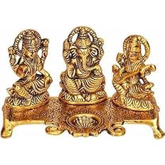Fashion Bizz Lord Lakshmi Ganesha Saraswati Idol with Diya Decorative Showpiece (Metal, Gold)