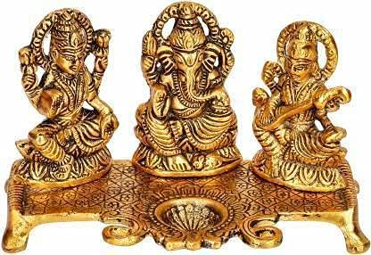 Fashion Bizz Lord Lakshmi Ganesha Saraswati Idol with Diya Decorative Showpiece (Metal, Gold)