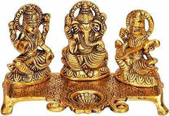 Fashion Bizz Lord Lakshmi Ganesha Saraswati Idol with Diya Decorative Showpiece (Metal, Gold)