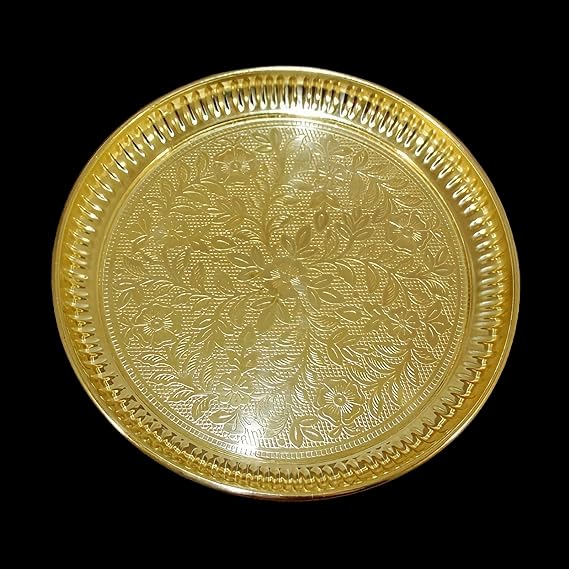 RS Retails RSV Puja Thali/Bhog Thali for Home Mandir Office, Diwali Weeding Return Gift Items (Brass, Gold Colour, 10 Inches)