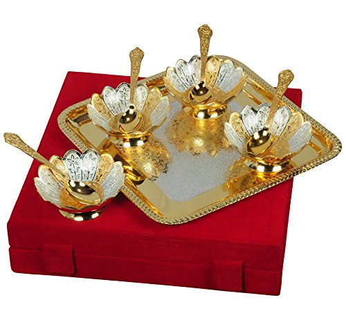 HHI German Silver Brass Floral Four Bowl with Four Spoon and with one/Single Tray with Beautiful Velvet Box Packing for Dry Fruit, Chocolate, Sweet, HomeDecor