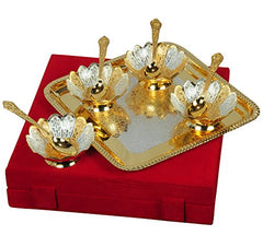 HHI German Silver Brass Floral Four Bowl with Four Spoon and with one/Single Tray with Beautiful Velvet Box Packing for Dry Fruit, Chocolate, Sweet, HomeDecor