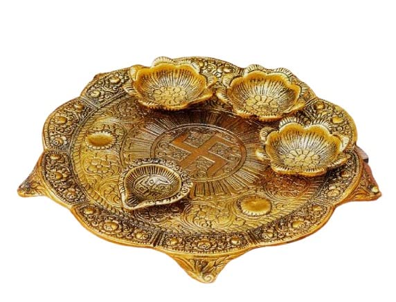 Panipat Bartan Bhandar Heavy Grade Aluminium Brass Metal Pooja Thali Set with 4 Diya Gold Embossed Swastik Puja Thali for Home,Office, Mandir. Set of 1