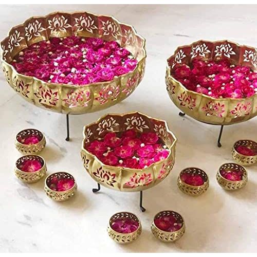 A.F. DECOR Iron Lotus Urli with Stand Pot for Floating Flower/Candle Festive Decor Set of 13 Piece 14/12/10 Size with Stand and 7 Votives Small Bowl 3.5 inch Each | Golden (Lotus Urli)