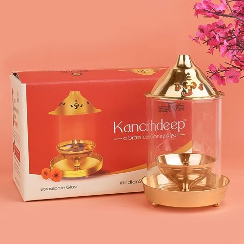 Satvik 7 Inch Kanchdeep Akhand Diya Chimney Diya Diwali Gift/Diwali Deepawali Decoration Brass Decorative Crystal Oil Lamp Tea Light Holder Lantern Oval Shape | Puja Lamp Indian housewarming Gift Item