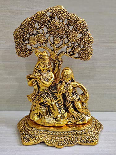 Livsaucy Gold Plated Metal Handicraft Lord Radha Krishna Tree Idols Hindu God Krishna Ji Murti for Home Temple Puja and for Home Office Shop Decorative God Idols Showpiece