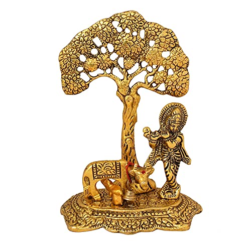 Effigy onlinehub Metal Krishna with Cow Standing Under Tree Plying Flute Decorative Showpiece Golden Oxidized Gift Item
