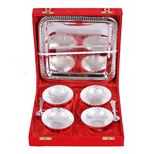JAIPUR ACE Celebration Silver Plated Metal Bowl Set with Red Velvet Box 4 Bowl: 4 Spoon: 1 Tray (Silver Plated)