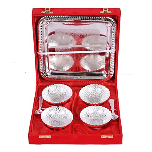 JAIPUR ACE Celebration Silver Plated Metal Bowl Set with Red Velvet Box 4 Bowl: 4 Spoon: 1 Tray (Silver Plated)