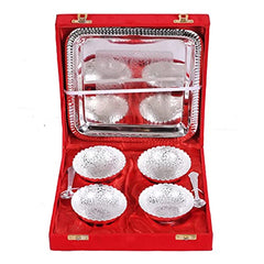 JAIPUR ACE Celebration Silver Plated Metal Bowl Set with Red Velvet Box 4 Bowl: 4 Spoon: 1 Tray (Silver Plated)