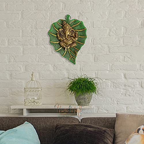 HHI Aluminium Lord Ganesha on Green Leaf Hanging Handicrafts for Home Wall Decor and Office Docarative Showpiece Gift Items Pack of 1