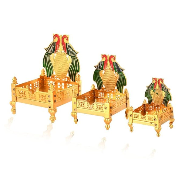 Piepot Gold Plated Metal God Singhasan of Laddoo Gopal for Pooja Mandir (Green, 16X11cm)