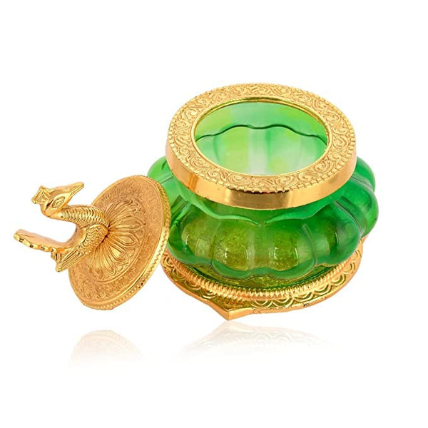Piepot Akshaya kubera Lakshmi Pot toughened Glass Pooja Articles-Gold Plated Green Coloured Kubera Pot (GREEN Kubera pot)