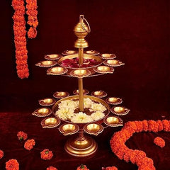 A A HANDICRAFTS Accessories Decorative Urli Bowl with Stand | Diya Stand with Urli Bowl for Candles | Diya Decoration | Diya Stand Urli Bowl for Pooja Room- 52 cm x 35.5 cm- Golden