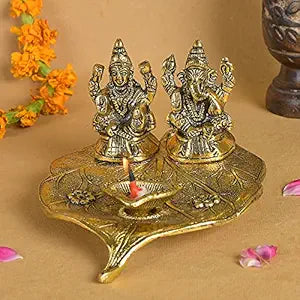 Metal Gold Plated Laxmi Ganesh Diya God Idol Diwali Laxmi Ganesh