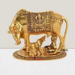 LAKWAL Cow Calf Idol Golden Metal Krishana Cow (Free Mini Ganesh)