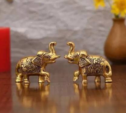 Chandra Art Collection Set of Two Piece Metal Sculptures Elephant Pair for Showpiece and Decoration Decorative Showpiece - 7.5 cm  (Metal, Gold)