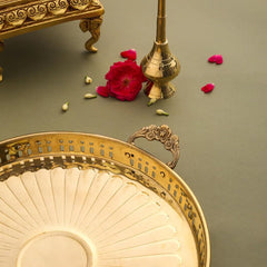 Tears Crafts Brass Pooja Thali, Traditional Puja Plate, Floral Design,10 inches Diameter, 400 Grams, Glossy Polished Handmade Aarti Plate/Thali