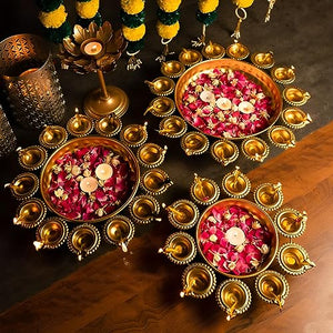 Urli Diya, 3 Piece, Lotus Urli Bowl, Diwali Decor Lotus Urli, Diwali Diya, Golden Candle Holder, Tealight Candle Holder, Pooja Diya Urli Gold Finish (10Inch,12inch,14inch)