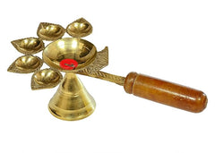 SIYAA Woodan Panch Aarti Diya for Home, Brass Diya for Puja, Panch Deepak Aarti for Mandir, Decorations Items for Home,100 Gram, (Pack of 1)