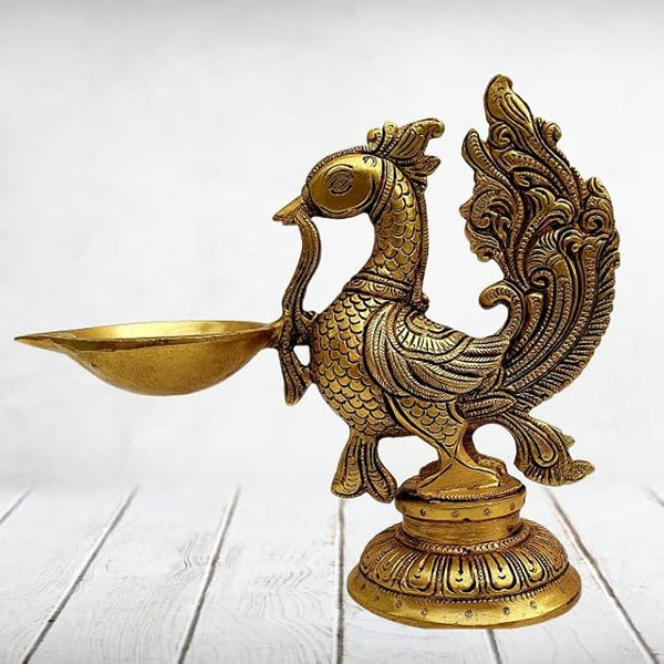 MohanJodero Elegant Brass Peacock Antique Diya