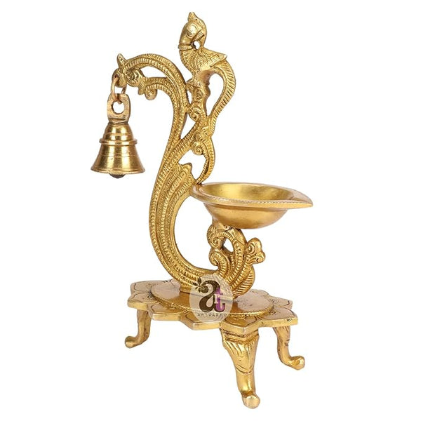 ARTVARKO Brass Bird Peacock Traditional Hanging Bell Diya Oil Lamp Stand Diwali Puja Home Office Temple, 8 Inches
