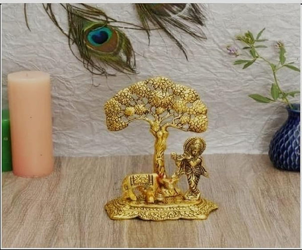 Panipat Bartan Bhandar Heavy Grade Aluminium Decorative Krishna with Cow Idol / Figurine, Gold, Set of 1 Pc