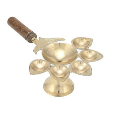 SIYAA Woodan Panch Aarti Diya for Home, Brass Diya for Puja, Panch Deepak Aarti for Mandir, Decorations Items for Home,100 Gram, (Pack of 1)