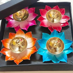 Yellow Shine MART Brass Akhand Diya Deepak Lotus Oil lamp Colorful Kamal Design for Diwali Gifting Set of 4