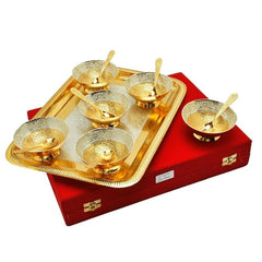 R Ayurveda Copper Silver and Gold Plated Bowl Spoon with Plate Set of 13 Pcs