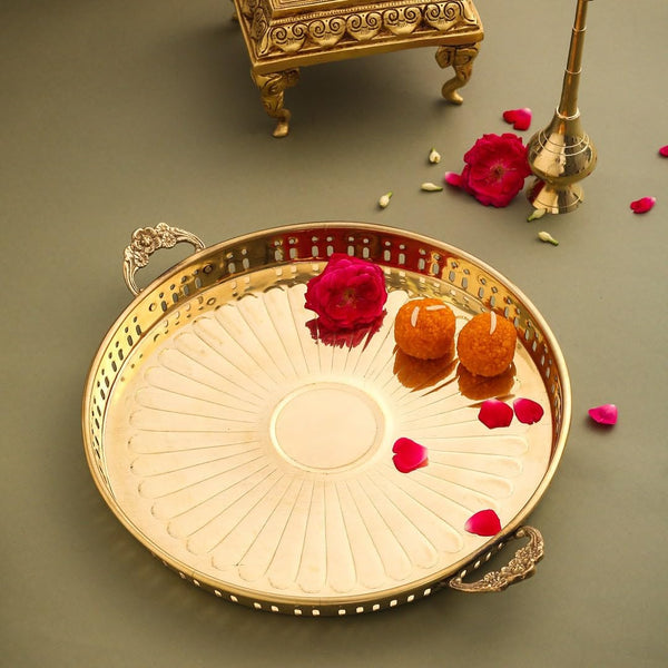 Tears Crafts Brass Pooja Thali, Traditional Puja Plate, Floral Design,10 inches Diameter, 400 Grams, Glossy Polished Handmade Aarti Plate/Thali