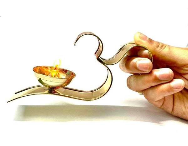 Global Décor Om Stand Diya Brass Om Arti Diya with Handle