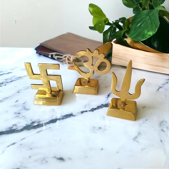 Asha Enchant Decor Om Swastik Trishool Symbol Idol Gold Plated Brass Statue Murti Home Office Temple Decorative Showpiece
