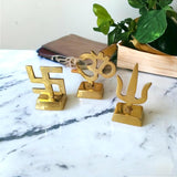 Asha Enchant Decor Om Swastik Trishool Symbol Idol Gold Plated Brass Statue Murti Home Office Temple Decorative Showpiece