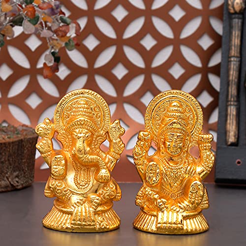 Piepot Laxmi Ganesh Idol Set for Diwali Pooja--Metal Gold Plated Laxmi Ganesha Murti Showpiece for Temple Decor (Laxmi Ganesh Idol)