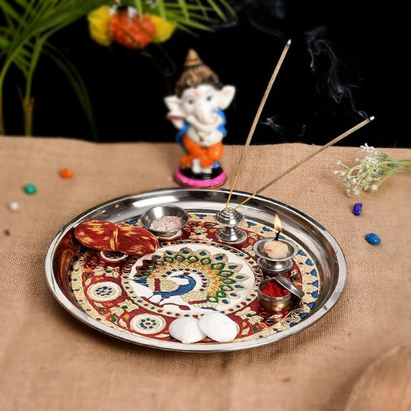 Piepot l Decorative Steel Pooja Thali Set l 10" Diameter l Multi Colour l New Handy Design, for Festival Ethnic Puja Thali Gift for Diwali, Home, Temple, Office, Wedding Gift, KarwaChauth
