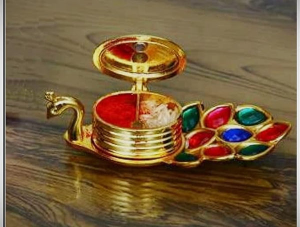 Panipat Bartan Bhandar Heavy Grade Aluminium Chandan Roli Kumkum Chawal Box Peacock Shape for Pooja, Silver, Set of 1 PC