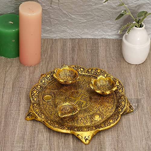 Piepot l Traditional Metal Pooja Thali Set l 8.5" Diameter l Thali with Fixed 2 Bowl + 1 Diya l Aarti Thali l Golden Thali l Card Board Box Packing l Ideal for Gifting, Diwali Pooja, Wedding Gift