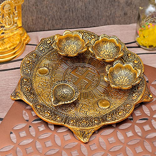 Piepot l Traditional Pooja Thali l Aluminum Pooja Thali l Fixed 3 Bowl + 1 Diya l Card Box Board Packing l Ideal for Diwali Pooja, Wedding, Gifting