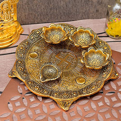 Piepot l Traditional Pooja Thali l Aluminum Pooja Thali l Fixed 3 Bowl + 1 Diya l Card Box Board Packing l Ideal for Diwali Pooja, Wedding, Gifting