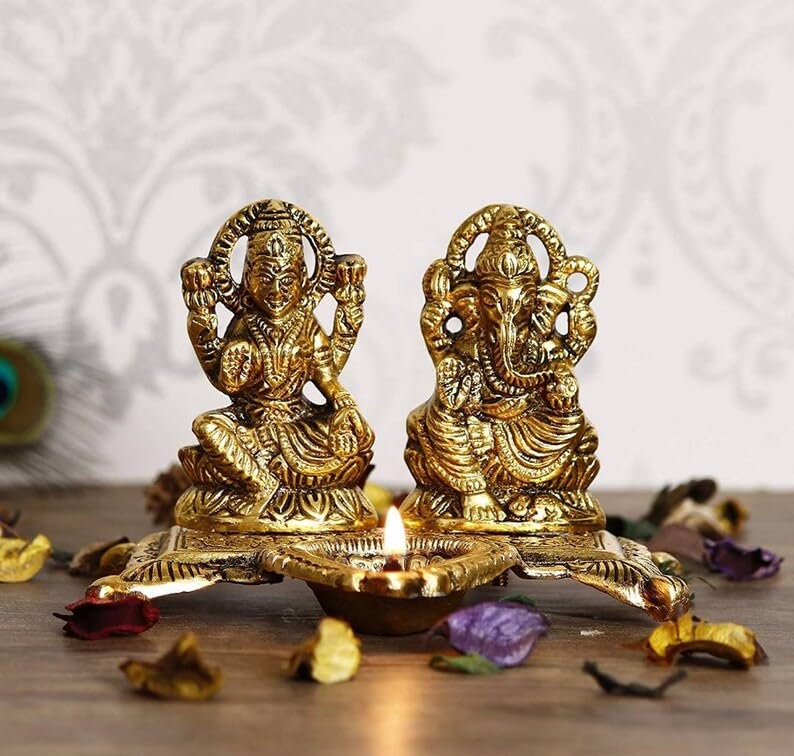 MAJIK Metal Lakshmi Ganesha Idol with Diya for Diwali Puja and Home Showpiece and Diwali and Festival Season Gift Item Gifting